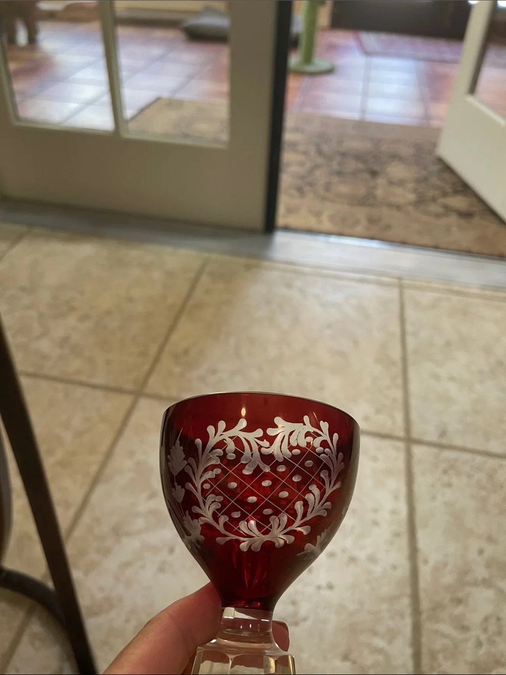 Egermann Ruby Red Etched Glass Decanter and Goblet Set